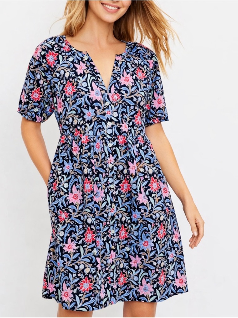 LOFT Floral Button Front Swing Dress Pockets Short Sleeve Navy M Summer